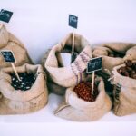 different types of beans in sacks with inscriptions