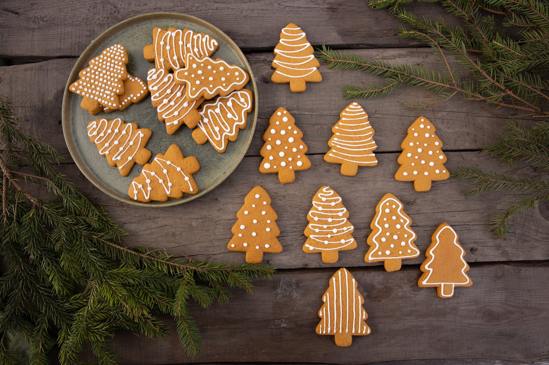 brown christmas tree shaped gingerbread cookies on wood background